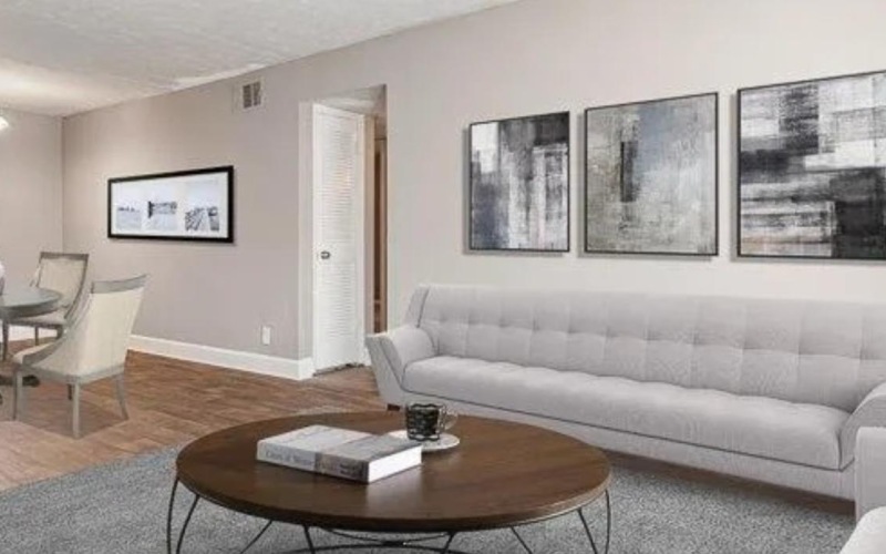 a living room with a couch and a coffee table